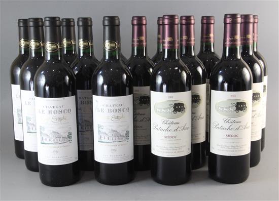 Eight bottles of Chateau Patache DAux, 2001 and six bottles of Chateau Le Boscq St. Estephe, 1996.